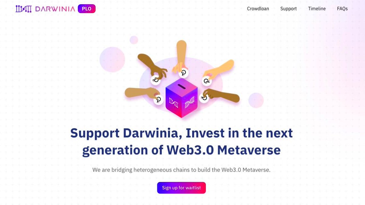 DarwiniaNetwork's tweet photo. Darwinia @Polkadot Crowdloan is about to open!
Join the waitlist first and stay tuned for the detailed PLO strategy release!
https://t.co/jAUTgglt1c https://t.co/lfuCVIXqs7