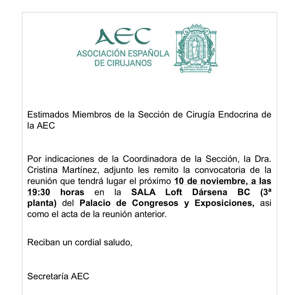La Semana que viene nos vemos en la Reunión Nacional de Cirugía en La Coruña. Recordad que la reunión de la Sección será el Miércoles 10 a las 19.30. Os esperamos