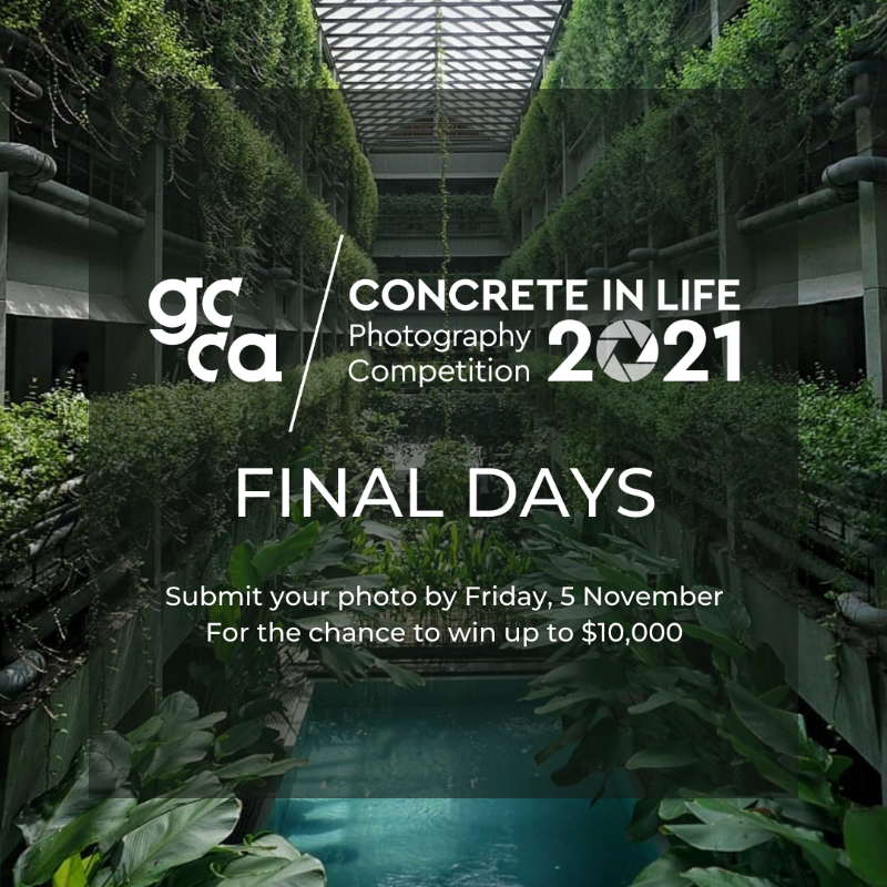 theGCCA's tweet photo. Just a few days left to enter into this year’s #ConcreteInLife2021 photography competition. 

Don’t miss out – enter now and you’ll be in with a chance of winning the grand prize of $10,000!

Learn more about how to enter: