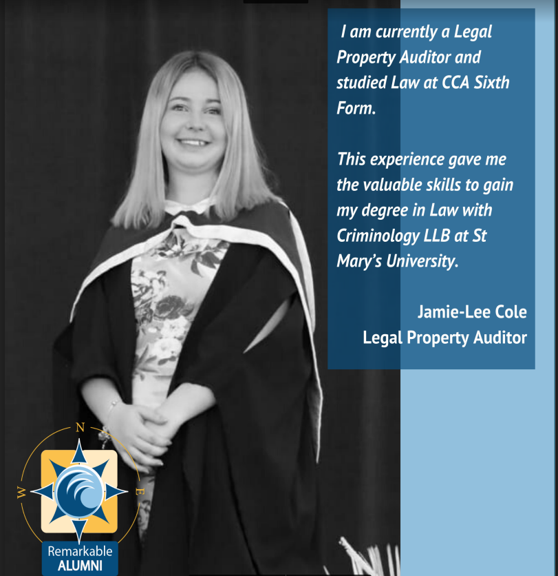 Alumni of the Month
Jamie Lee Cole🎓
Jamie studied Law, Sociology, Criminology and History with us at <a href="/CCASixth/">CCA Sixth</a> 
Well done Jamie!