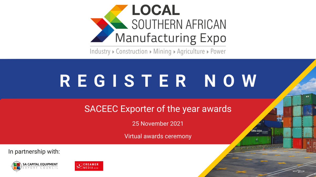 lme_za's tweet photo. 📣REGISTER NOW!! 📣

The South African Capital Equipment Export Council (SACEEC) proudly invites you to the virtual Exporter of the Year Awards. 

📅25 November 2021
🕑 14h00 - 15h00
🎦Registration Link: https://t.co/xxLJmNnKF4

 You simply do not want to miss out! https://t.co/ACIdTBX1Ri