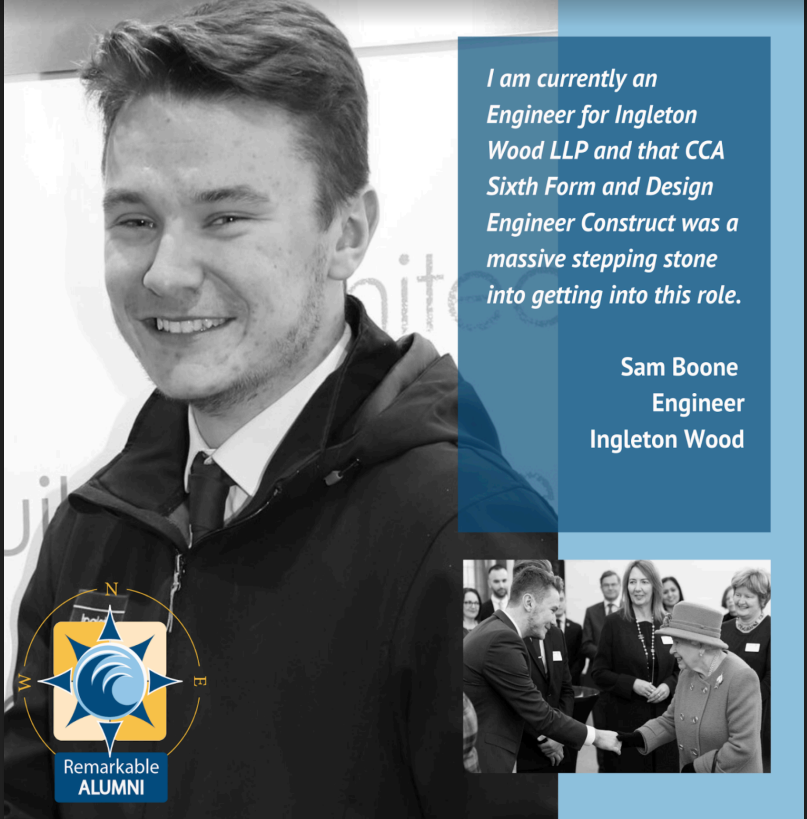Alumni of the month
Sam Boone🎓
Sam studied History, Design Engineer and Construct and Media Studies at <a href="/CCASixth/">CCA Sixth</a> 
He is now employed at <a href="/IngletonWood/">Ingleton Wood</a> and enjoying his role within the team.
He has even meet the Queen! 💂💂‍♂️👑