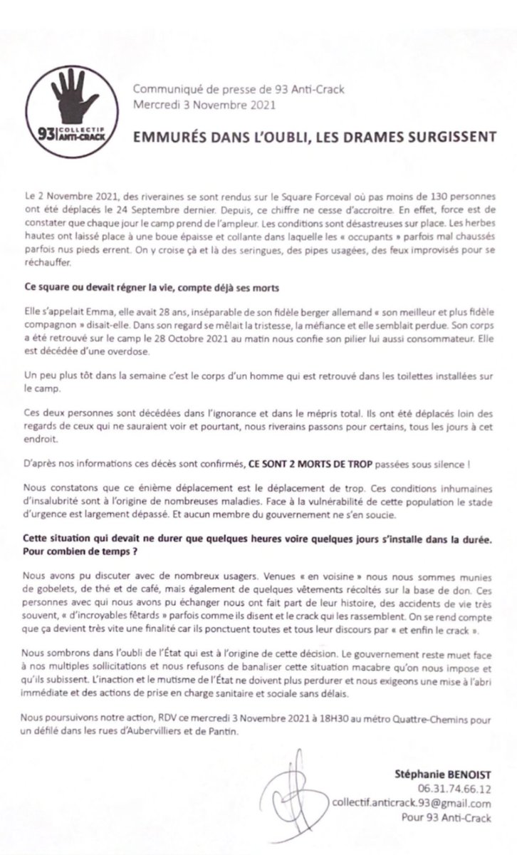 Anticrack93's tweet photo. #AntiCrack93
DEUX MORTS AU CAMP DE LA #VILLETTE
Nous avons été informés du décès de deux consommateurs de #crack sur le camp de la honte, à la Villette : Emma, 28 ans, et un homme non-identifié.
Les corps ont été retrouvés à même le sol et dans les toilettes.
Notre communiqué ⬇️ https://t.co/a5havy6Mj8