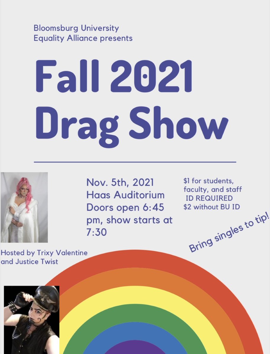 BU_LGBTQA_RC's tweet photo. Join us this Friday, Nov 5th, at Haas Auditorium for a drag show presented by BUEA. Bring some singles to tip and have an extravagant night!
#bulgbtqarc #bulgbt #pride #bloomu #bloomsburgu https://t.co/WIbpHovkYu