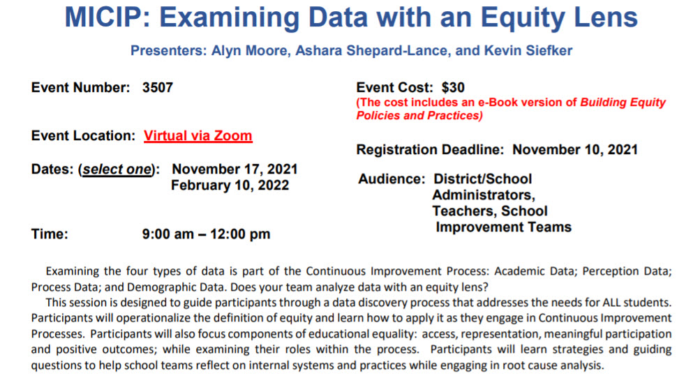 WRESA_EdImprove's tweet photo. Benchmark data is in! How do you examine that data with an equity lens? Join us for our session MICIP: Examining Data with an Equity Lens.

Register https://t.co/UzOZLb10wN https://t.co/HbwhKDTwXA