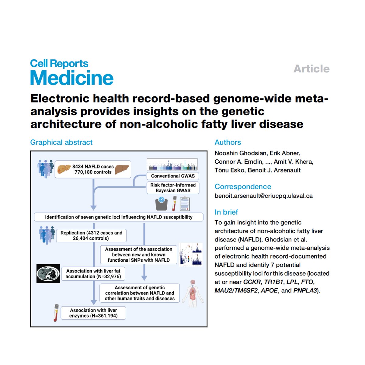 Our genome-wide association meta-analysis on non-alcoholic fatty liver disease led by <a href="/maria_ghodsian/">Nooshin ghodsian</a> is published today in <a href="/CellRepMed/">Cell Reports Medicine</a>!
Thanks to <a href="/amitvkhera/">Amit V. Khera</a> <a href="/EskoTonu/">Tõnu Esko</a> <a href="/connoremdin/">Connor Emdin</a> <a href="/NeleTaba/">Nele Taba</a> and the others for a great collaboration. 

cell.com/cell-reports-m…