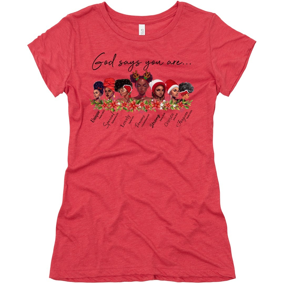 Merry Christmas Black African American Woman Collection by Kenique. Shop at customizedgirl.com/s/bykenique #bykenique #africanamericanchristmas #melaninchristmas #melanin #giftsforblackwomen #christmasgiftsforblackwomen #merrychristmas #christmasgiftsforher #christmasshirts