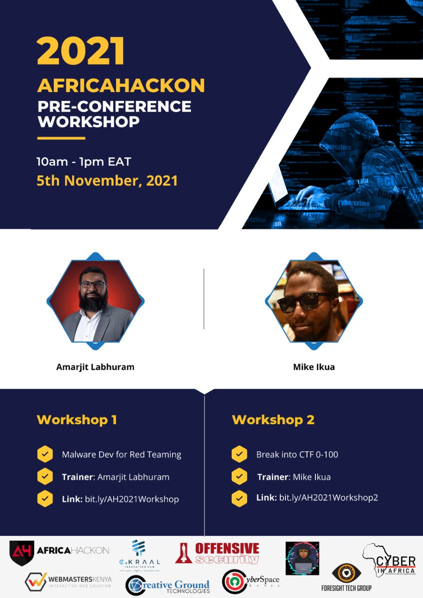 Have you registered for the <a href="/AfricaHackon/">AfricaHackOn</a> pre-conference workshops lead by <a href="/Amarjit_Labu/">Labman</a> &amp; <a href="/ikuamike/">Sir M</a>? 1 day to go to the biggest cybersecurity event in Africa. It is virtual &amp; FREE! You have no excuse!
