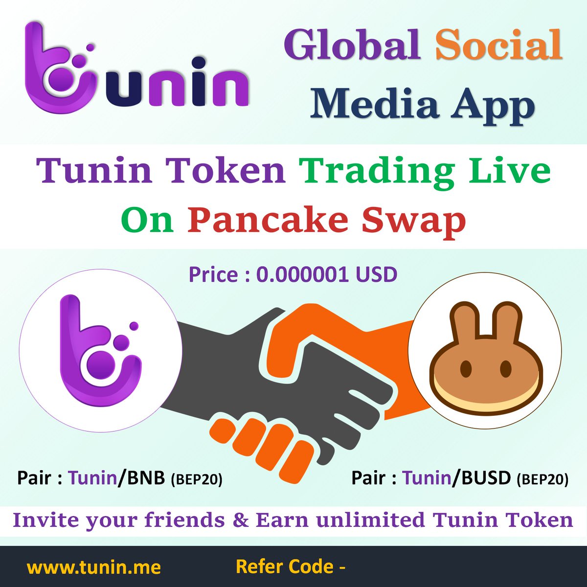 TuninToken's tweet photo. @TuninToken Trading Live on @PancakeSwap
Token Price : 0.000001
Trading Pair : Tunin/BNB (BEP20)
Tunin/BUSD (BEP20)

https://t.co/D4cpeLmutC

#TuninToken #PancakeSwap #Tunin #Coinmarketcap #coingecko #Airdrop #EarnFreeTuninToken #Crypto #Token #Coin #BSC #Binance #BNB #BUSD https://t.co/NxmBIE8Lus
