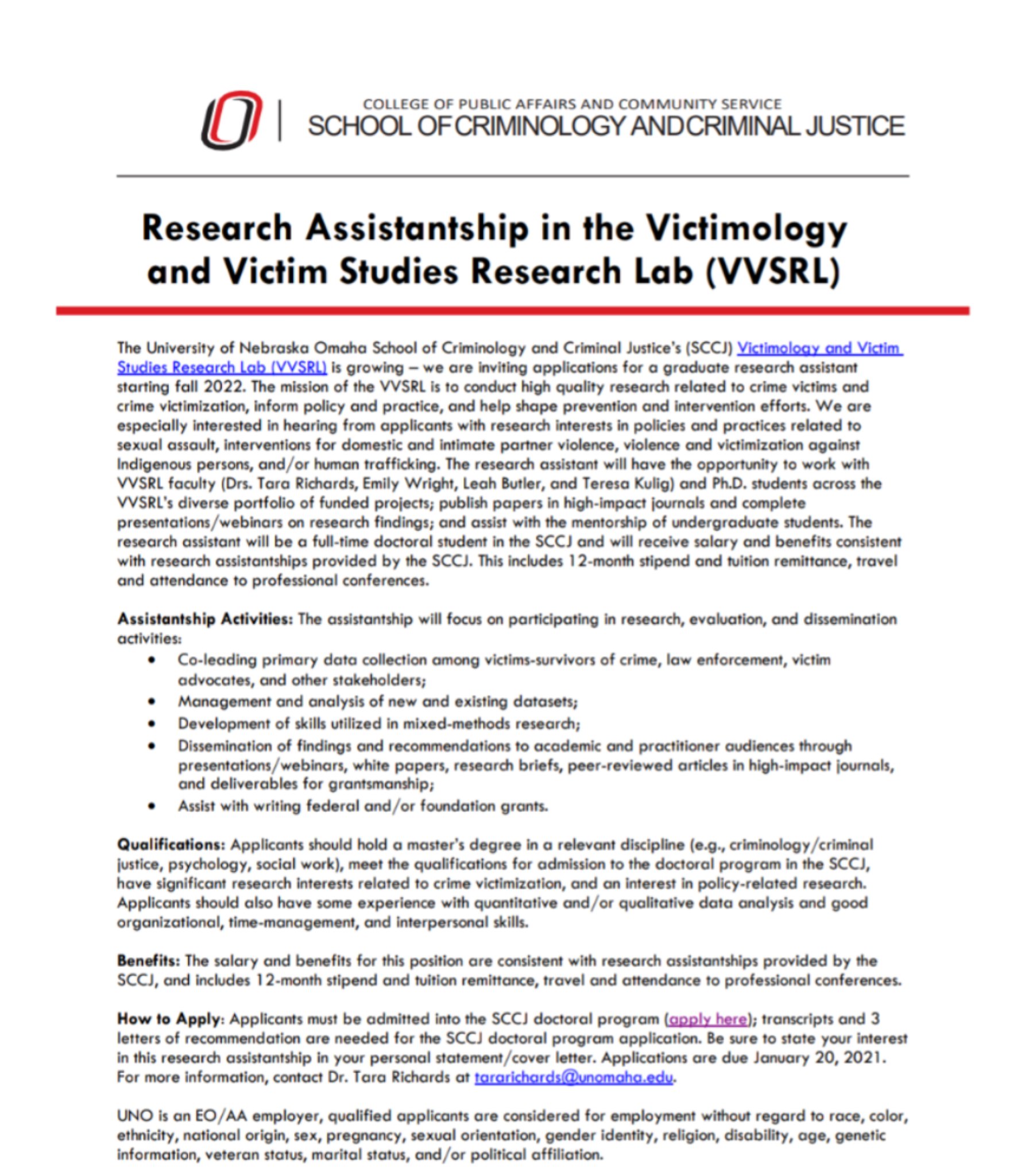 Leah Butler on Twitter: "The @UNOSCCJ Victimology and Victim Studies  Research Lab is hiring a graduate research assistant for Fall 2022! See the  description below and email or DM me, @TCKulig, @Prof_TNR,