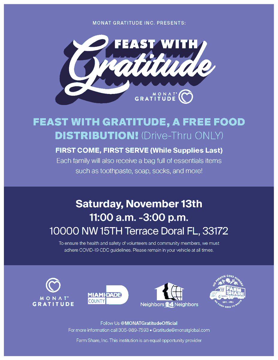 N4Neighbors's tweet photo. We've teamed up with @MONATOfficial, @FarmShareFL  &amp; @MiamiDadeCounty for the annual Feast with Gratitude free food distribution on Sat, Nov 13, 11am-3pm!✨*We need volunteers to help us pack food boxes on Wed, Nov 10th! If interested, email carolina@neighbors4neighbors.org.* https://t.co/EEmqucrXoL