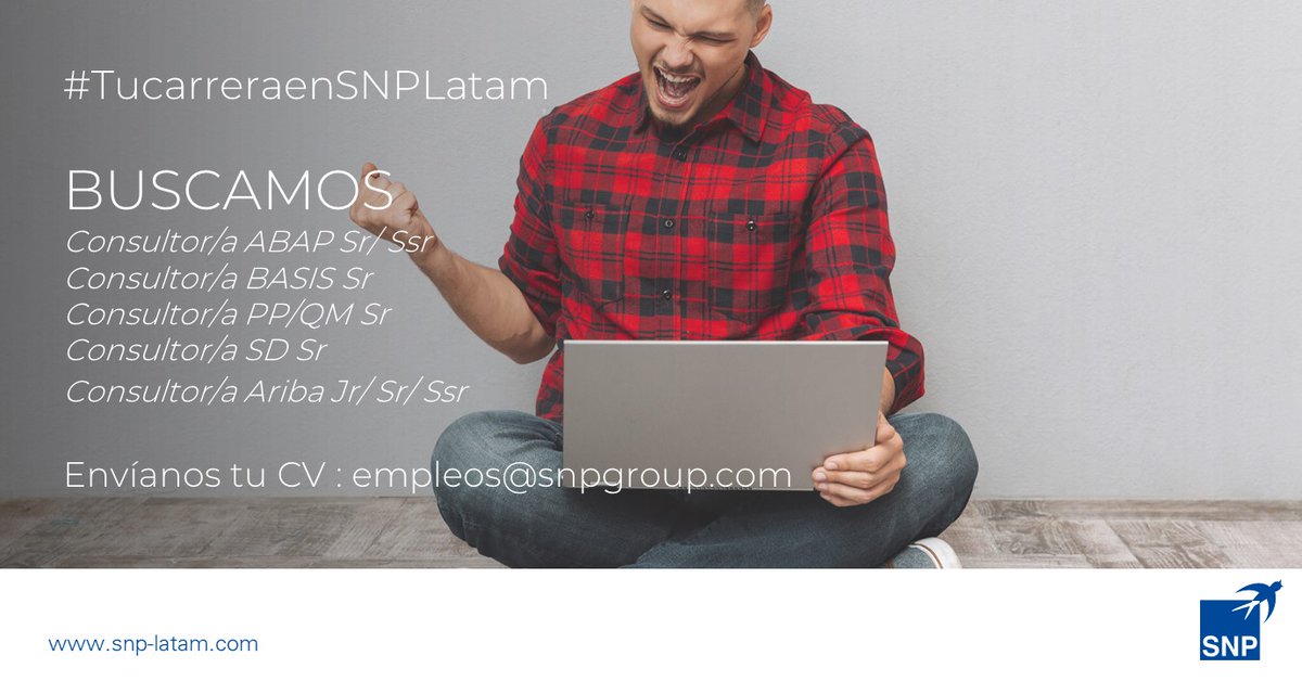 Te estamos buscando! 👀
👉🏽 Consultor/a ABAP Sr/ Ssr
👉🏽 Consultor/a BASIS Sr
👉🏽 Consultor/a PP/QM Sr
👉🏽 Consultor/a SD Sr
👉🏽 Consultor/a Ariba Jr/ Sr/ Ssr
Para conocer más sobre estos puestos o enviar tu CV: empleos@snpgroup.com 📩

#recursoshumanos #reclutamiento #snp #empleo