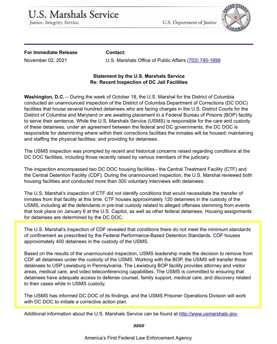 Denied entry again to the DC Jail today, 1 day after the US Marshall’s report revealed that conditions in the DC Jail do NOT even meet “minimum standards of confinement.”

Due to this violation, they are moving 400 detainees, but NOT the pre-trial J6 detainees in CTF.

#DCgulag