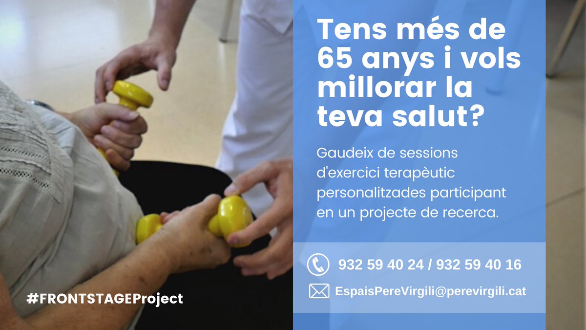 perevirgilicat's tweet photo. ✅ Tens 65 anys o més?
✅ Camines lentament?
✅ Et comença a fallar la memòria?
Participa al #FRONTSTAGEProject!
T'ajudarem a millorar la teva condició física i cognitiva amb sessions d'exercici terapèutic personalitzades 💪
Tota la informació 👇
https://t.co/uGojM8FK7t https://t.co/pFe1Gqmlpx