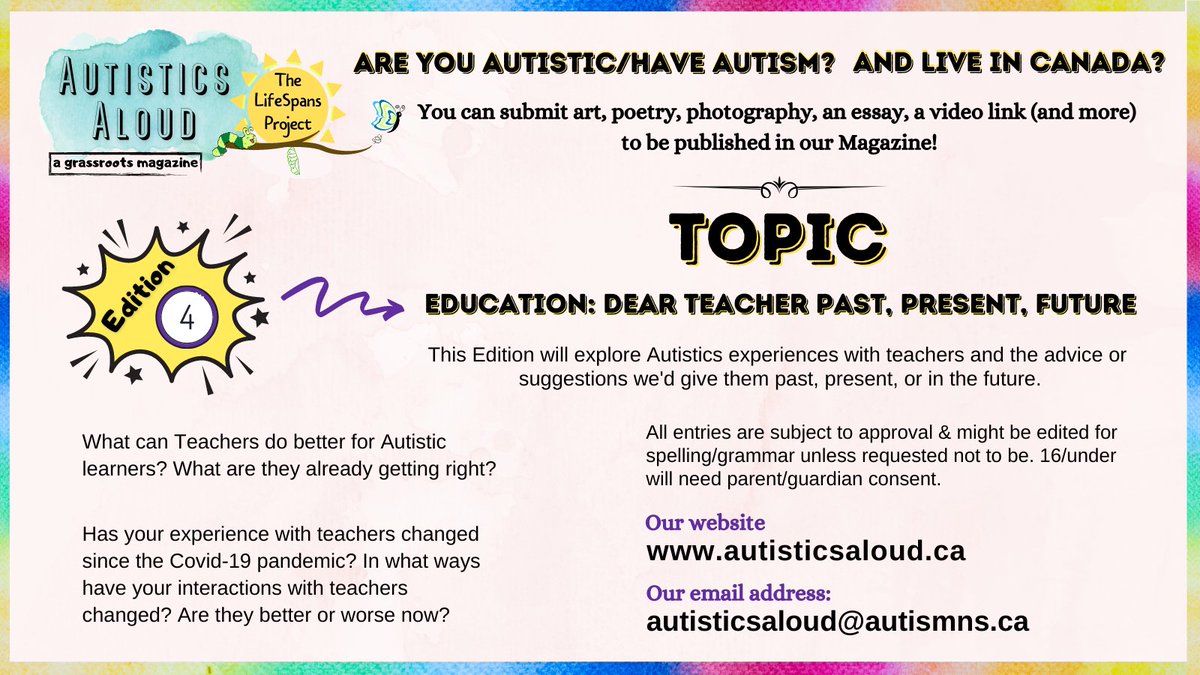 AutisticsAloud's tweet photo. Are you #Autistic / have #Autism? Do you live in #Canada &amp; would like to be published in a magazine? Well, then #AutisticsAloud may be the place for you. We are currently looking for submissions for Edition 4. Topic - #Education &amp; advice you'd give to #teachers.  #AALifeSpans https://t.co/DfGbzohBsg
