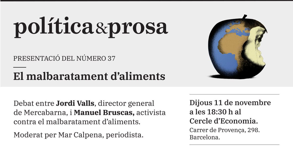 Un terç dels aliments que produïm es malbaraten, mentre prop de 800 milions de persones passen fam. Com s'explica aquest contrasentit? Què hi podem fer? En parlarem amb @JordiValls13, <a href="/Manuel_Bruscas/">Manuel Bruscas</a> i <a href="/mcalpena/">Mar Calpena Ollé</a> als #DiàlegsPolíticaProsa.

🗓 Dijous 11
⏰ 18:30
📍 Provença, 298