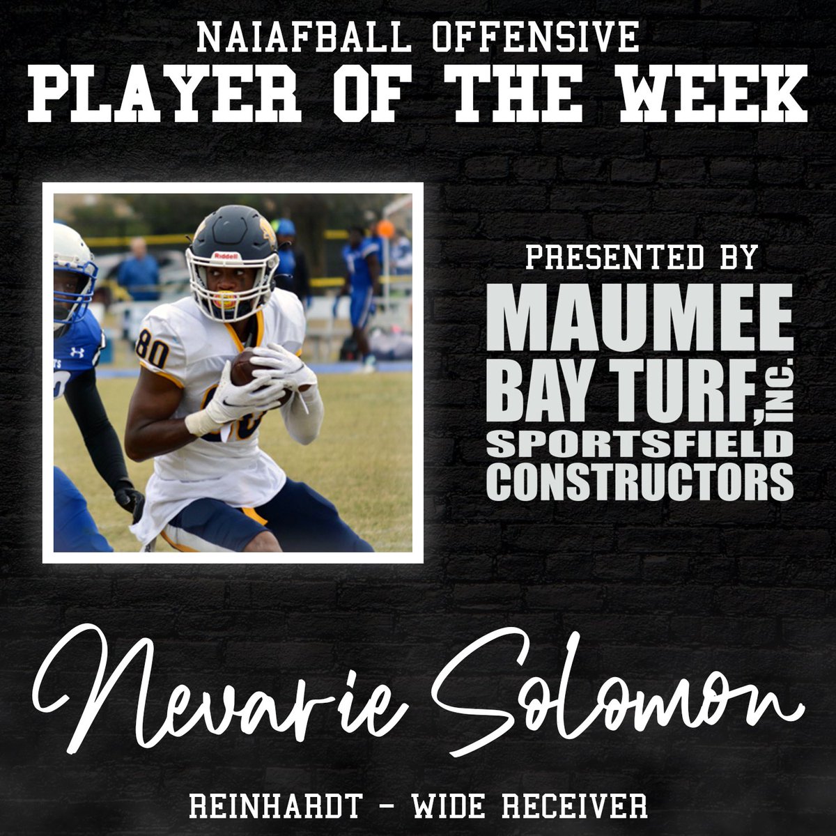 NAIAFBALL's tweet photo. PLAYERS OF THE WEEK PRESENTED BY MAUMEE BAY TURF/TURFNATION

Offense: Nevarie Solomon of @RUEaglesFB 
- 9 catches, 246 yards, 4 TD

Defense: Sage DeLong of @EouFootball 
- 11 tackles, 7 TFL, 6 sacks, PBU https://t.co/RtiKH9J0kO