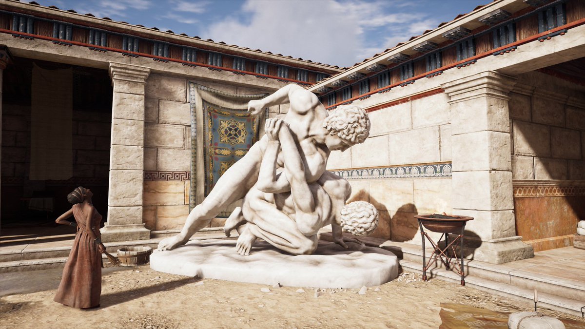 古代ギリシャのレスリング場描いた。「アサシン クリード オデッセイ」でイメージぴったりの場所があって大いに参考になった♪ ゲーム上では服を着たままレスリングしてて、女性もうろうろしてるけど、実際は全裸が基本で女人禁制だったらしい。