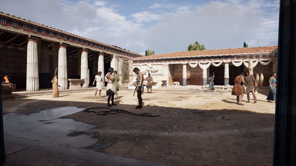 古代ギリシャのレスリング場描いた。「アサシン クリード オデッセイ」でイメージぴったりの場所があって大いに参考になった♪ ゲーム上では服を着たままレスリングしてて、女性もうろうろしてるけど、実際は全裸が基本で女人禁制だったらしい。
