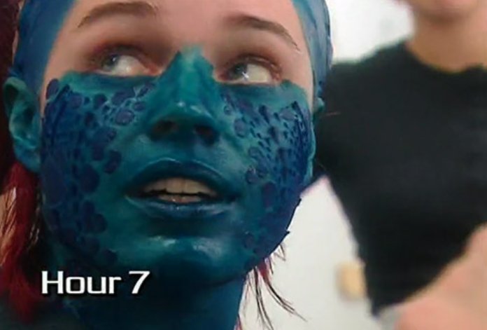 Rebecca Romijn in the makeup chair for X-Men (2000)