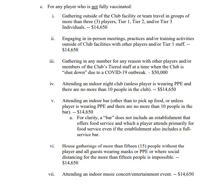 bylindsayhjones's tweet photo. The list of things that are off limits socially for unvaccinated players is very long, and players are subject to fines.
It includes things like an indoor house party or going to a bar/nightclub w/out PPE. https://t.co/BEBKFoKnEV