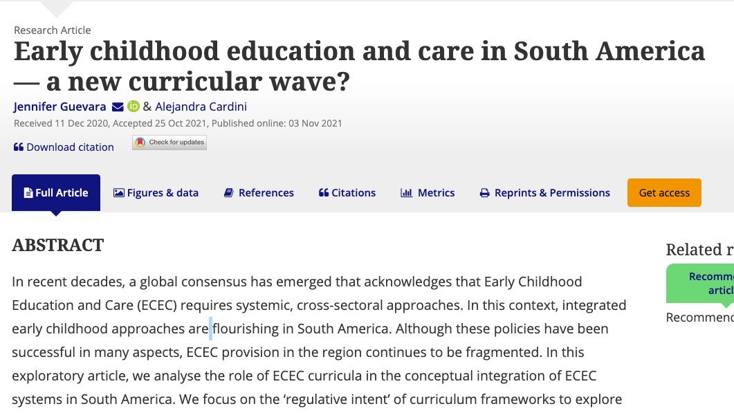 📢 Hot off the press! Early childhood education and care in South America — a new curricular wave?

Learn about South American ECEC latest development in this article we wrote with <a href="/LuliCardini/">Alejandra Cardini</a>

The first 50 readers get a free copy 👇
tandfonline.com/eprint/KWM3XFE…