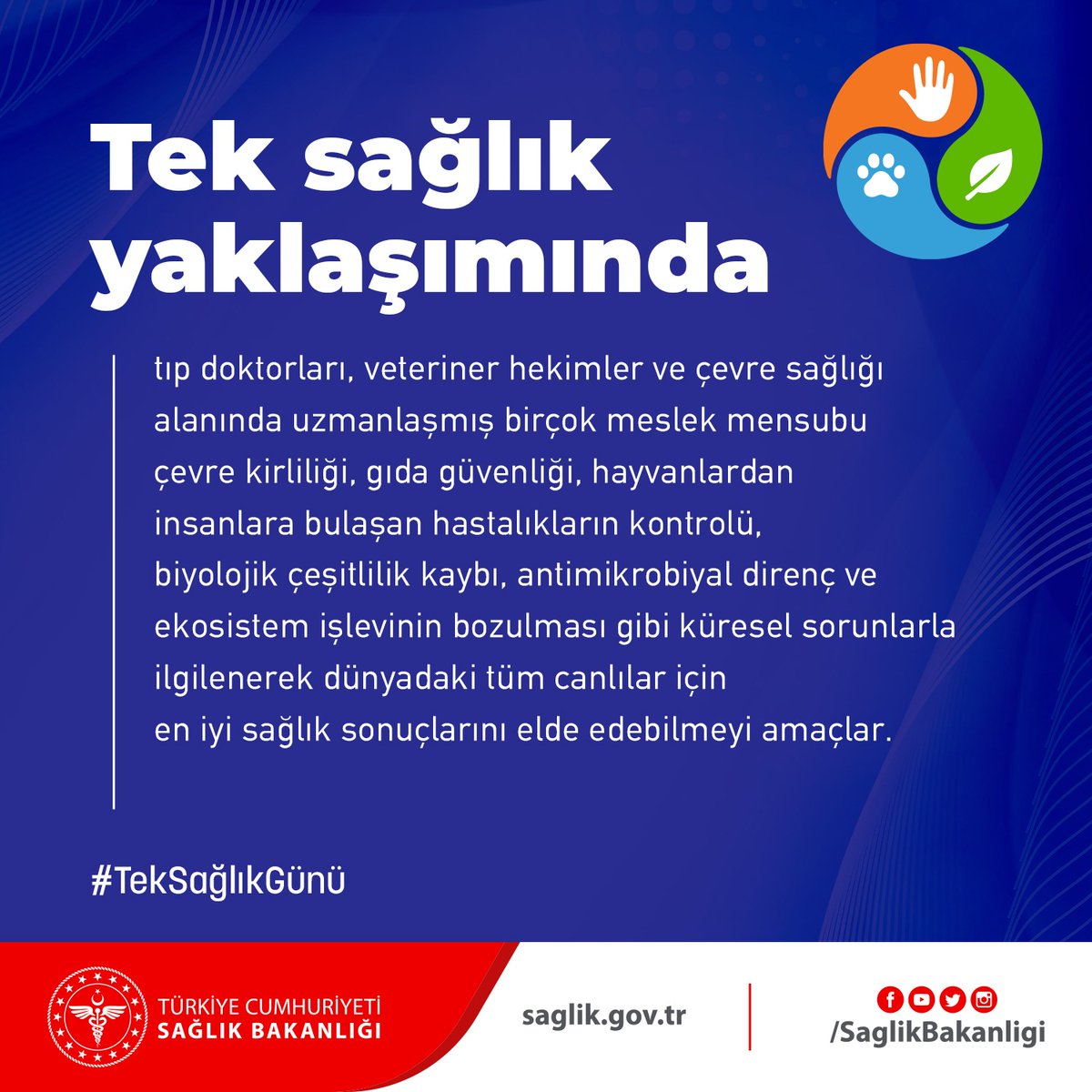 Tek sağlık yaklaşımında tıp doktorları, veteriner hekimler ve çevre sağlığı alanında uzmanlaşmış birçok meslek mensubu iş birliği içinde çalışarak dünyadaki tüm canlılar için en iyi sağlık sonuçlarını elde edebilmeyi amaçlar.
#TekSağlıkGünü
#TekDünyaTekSağlıkTekGelecek