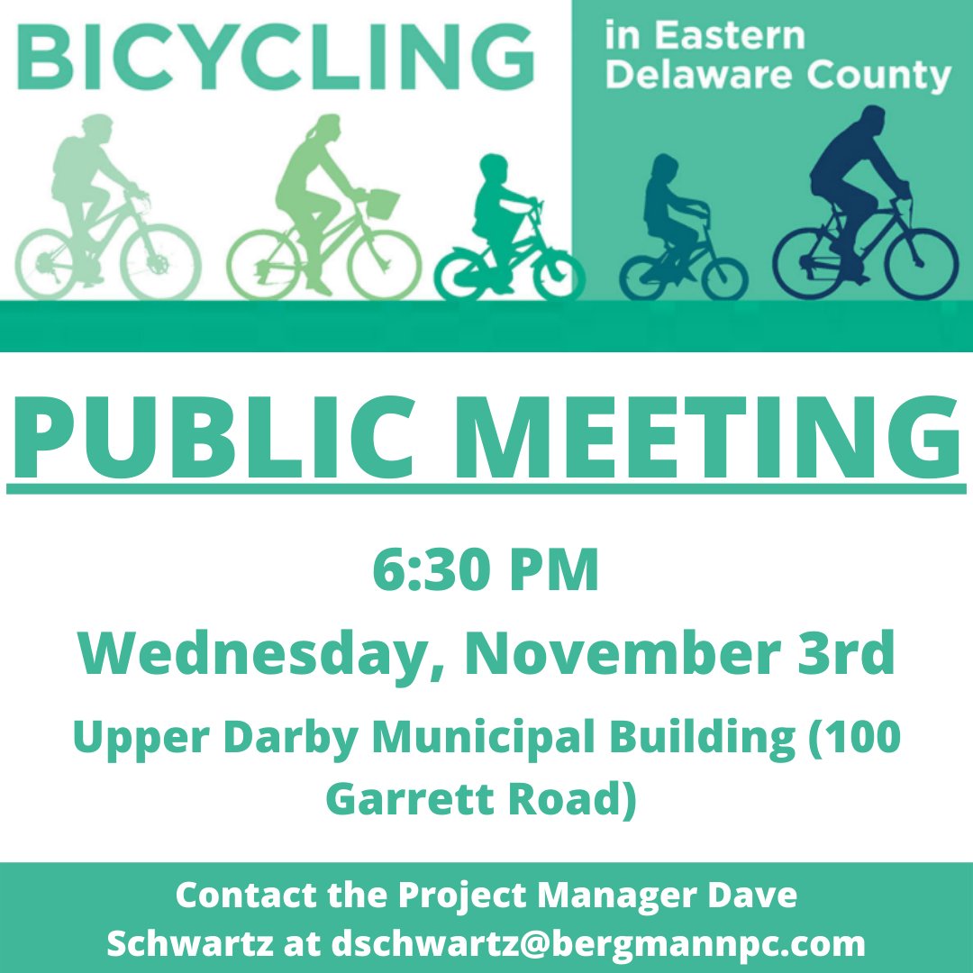 UpperDarbyPA's tweet image. TONIGHT there will be a public information meeting to discuss safer bicycle connections in #Delco. 

You can also  provide your feedback on bicycling in Eastern Delaware County through this survey: surveymonkey.com/r/9D5GSHX

#bicycling #delwarecounty #upperdarby
