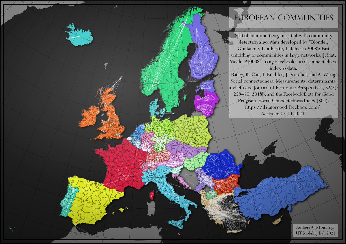 #30DayMapChallenge 2021 Day 3: Polygons. Discovered FB social connectedness index and run it through community detection. Interestingly Germany was split into several districts whereas some countries were combined into one community for no certain reason...