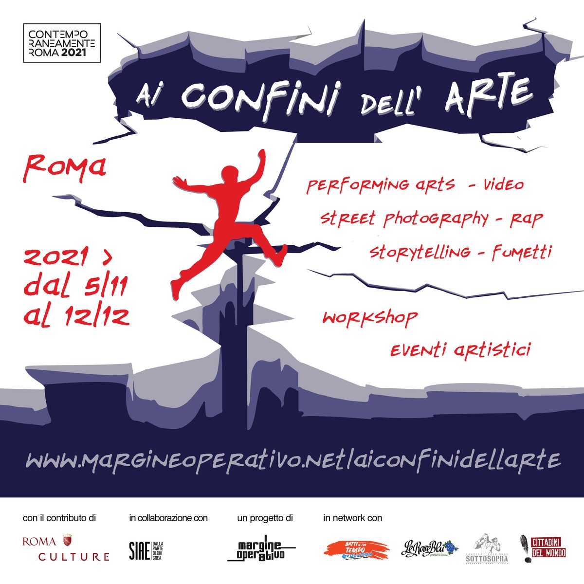 dal 5 novembre iniziano i Workshop GRATUITI proposti dal progetto Ai Confini dell'Arte curato da #MargineOperativo nell' ambito di #ContemporaneamenteRoma2021 >> #performingarts #fumetti #storytelling #videomapping #streetphotography #esplorazioniurbane >> il tutto a #Roma