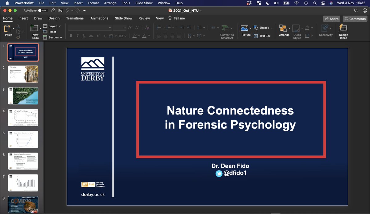 Really excited to be presenting my research (w/ @findingnature, @TousledPhDBird7, & @albrees13) on #NatureConnectedness to @PsychologyNTU later today - and even more excited to start collecting data for our intervention study arm next week!