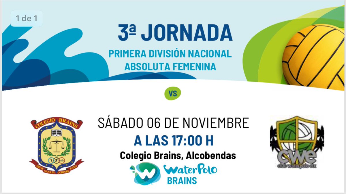 BrainsWaterpolo's tweet photo. PRIMERA DIVISIÓN NACIONAL ABSOLUTA FEMENINA @RFEN_Oficial 
Jornada 3 - Grupo A
Sa 6.11 - 17 hs

@Colegio_Brains 🆚 @waterpoloelche 

@fmn_oficial @fncv_oficial @ALCBDS_Deportes https://t.co/sEYpTzDQpG