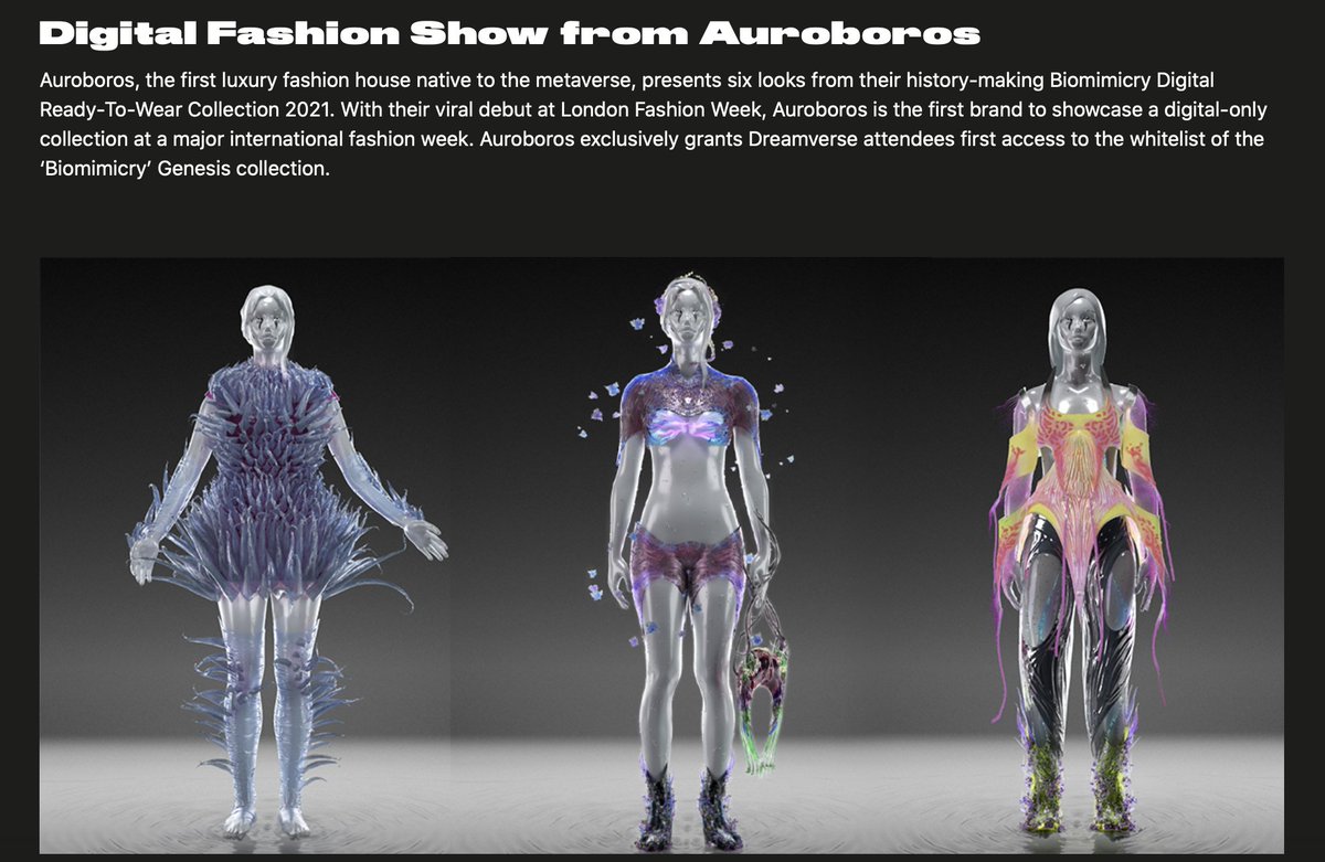 auroboros_ltd's tweet photo. Tomorrow in #NYC you can find #Auroboros at the @Dreamverse_life Gallery from @metapurse, where we will be exhibiting six looks from our history-making #Biomimicry Digital RTW Collection 2021 💫

Head to https://t.co/bfRe9RWrbv for tickets! #Dreamverse #digitalfashion https://t.co/E0mkRhMGZ1