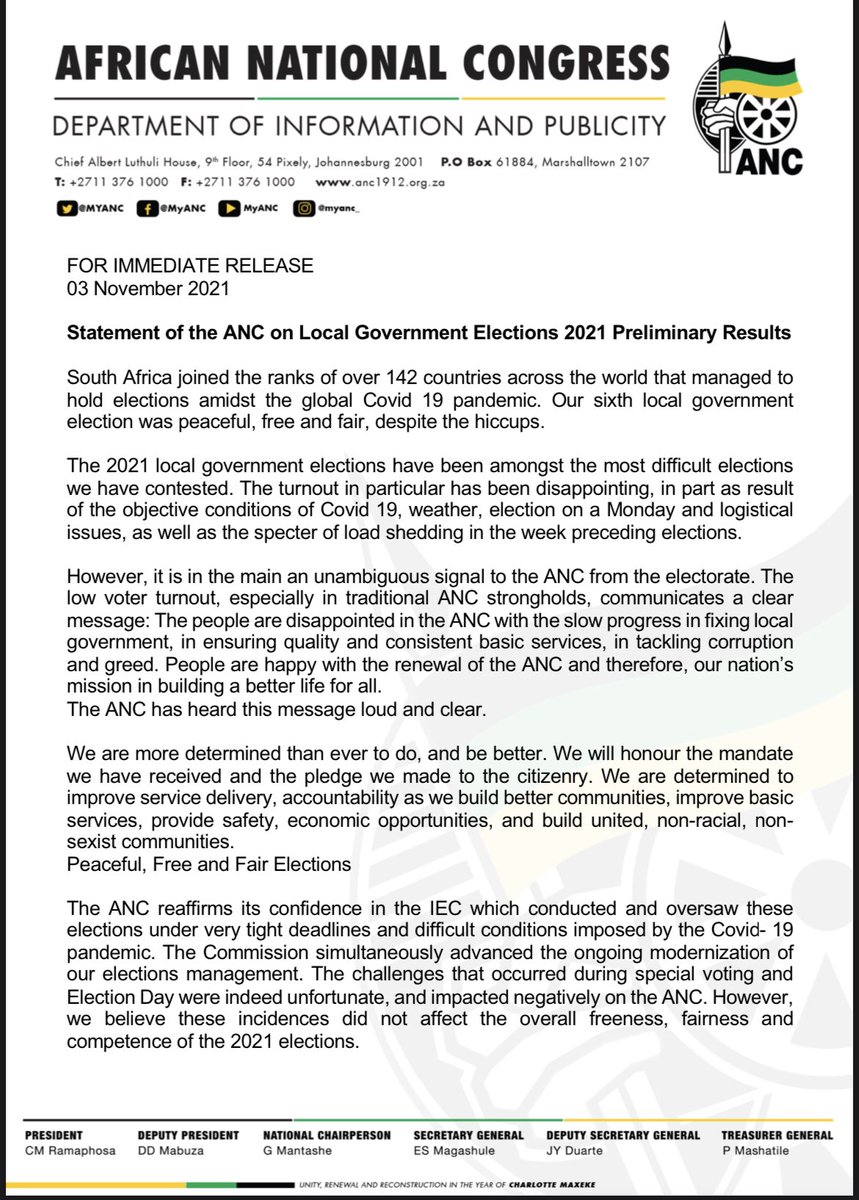 MYANC's tweet photo. Statement of the @MYANC on Local Government Elections 2021 Preliminary Results. #LGE2O21 #BuildingBetterCommunities https://t.co/V8vJpLl02s