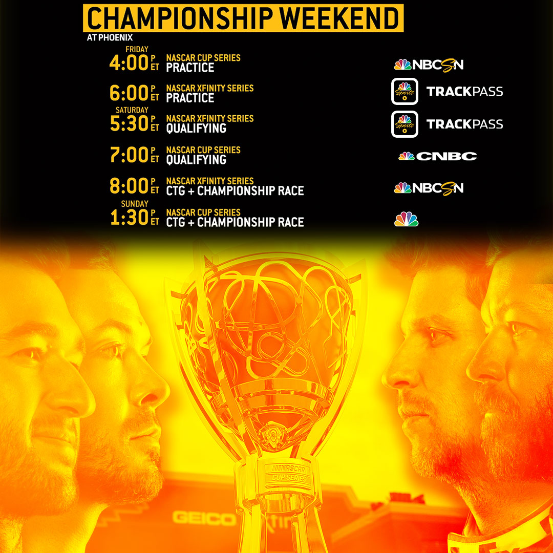 NASCARonNBC's tweet image. Practice and qualifying are BACK for the @NASCAR championship weekend.

Tune-in times and network info for @NASCAR_Xfinity and Cup are here. #Championship4