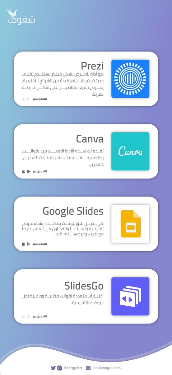 shagufsa's tweet photo. إلى كل الطلاب الشغوفين📣

أكيد جايتكم فترة تقديم عروض تقديمية ومشاريع،

ولأن شغوف يهتم بالطالب🤩،
جمّع لكم أفضل البرامج اللي تساعدكم في تجهيز
عروضكم 👏🏻

• فضلوها وشاركوها مع زملائكم https://t.co/nHGDsvx5D1