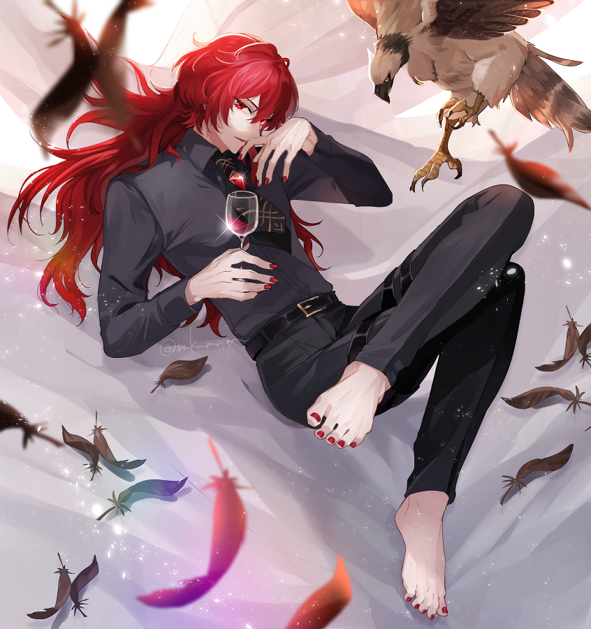 diluc (genshin impact) 1boy red eyes male focus red hair long hair bird shirt  illustration images