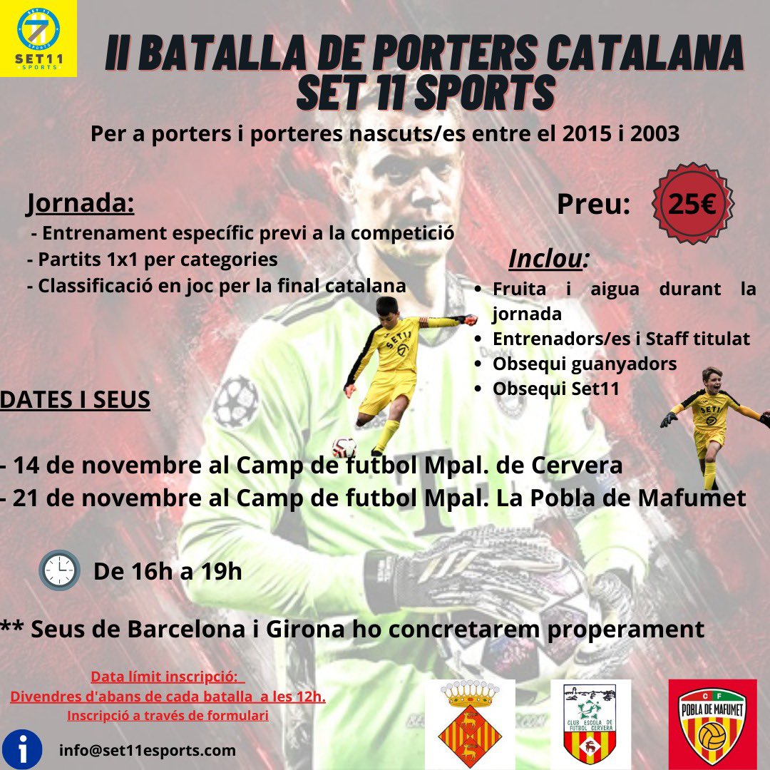 Set11E's tweet photo. Arranca la II Batalla de porters catalana de Set11 Sports! 🔥

La 1a fase comença ja! 

Properament anunciarem les seus de Barcelona i Girona 

Us podeu inscriure a través del formulari que ens podeu demanar.
Per més informació podeu enviar un correu a:
info@set11esports.com https://t.co/QFzBjcp9am