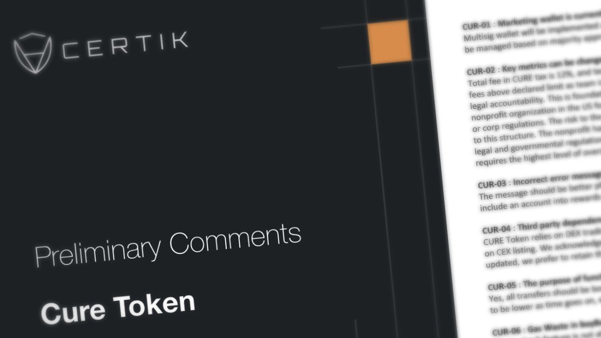 CURE_Ecosystem's tweet image. We just sent back the Certik Audit responses to the preliminary findings. Things are looking great!
