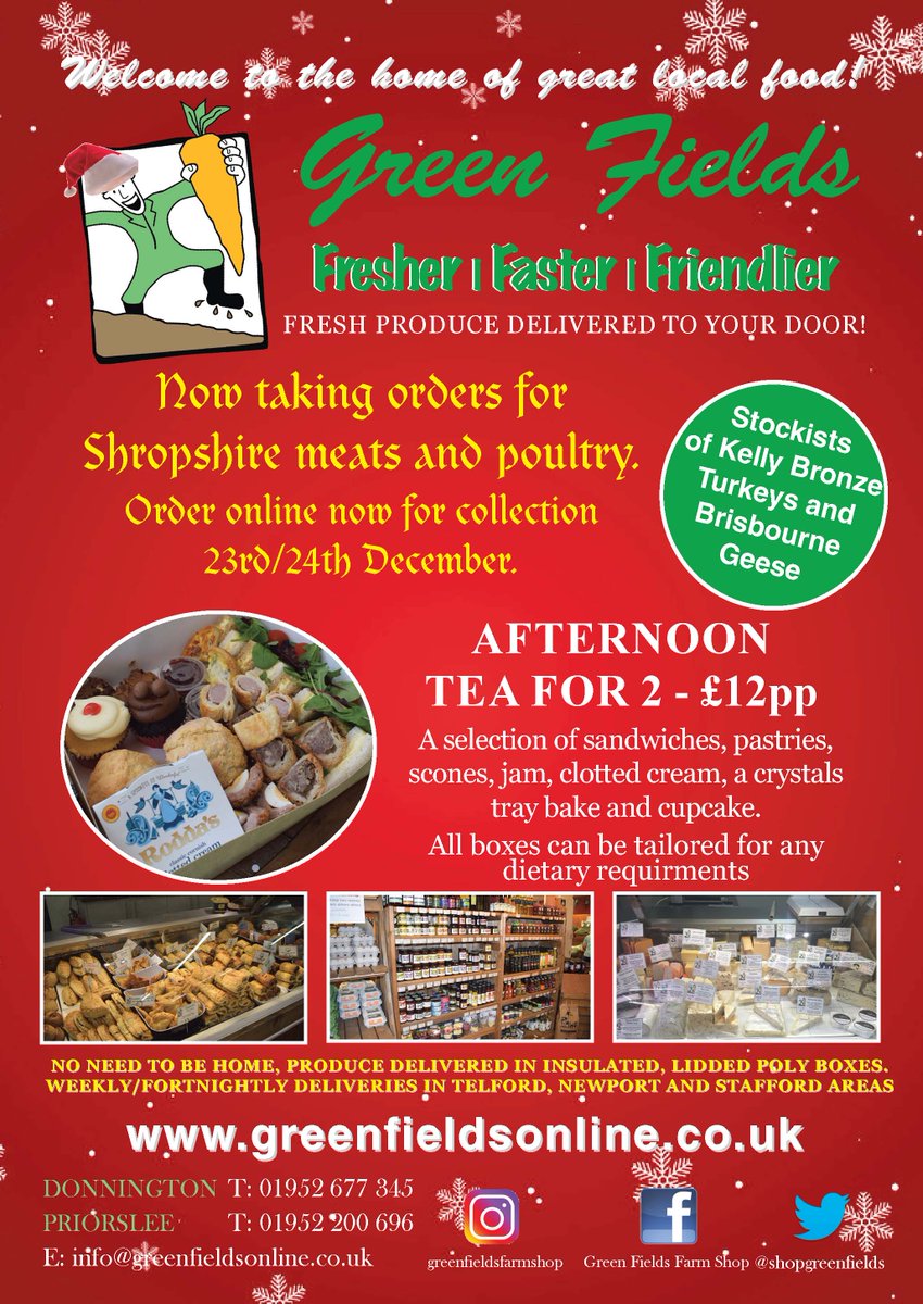 Scenetelford's tweet photo. What better way to shop for your Christmas food and goodies than at Green Fields Farm Shop! They are now taking orders for Shropshire meats and poultry, stockists of Kelly Bronze turkeys and Brisbourne Geese.
Their take out afternoon teas are super delicious, 
#farmshop #hampers https://t.co/LOxnUSsAvK