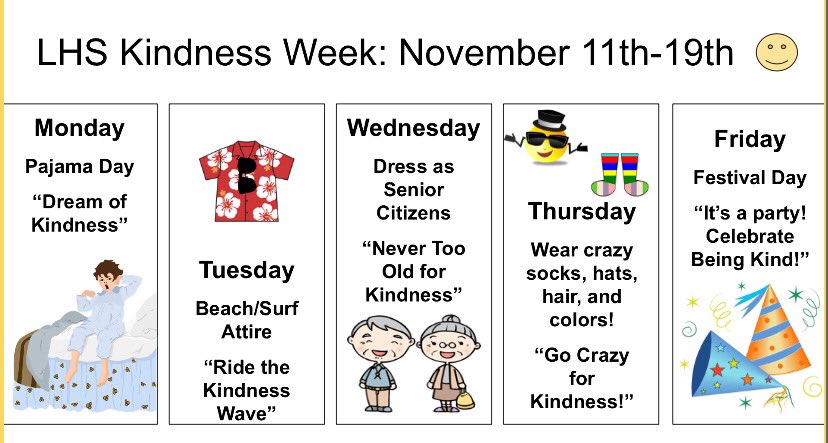 lhs_stuco21's tweet photo. LHS Kindness Week spirit days!  Spread the word :) https://t.co/zzP0mdbu2x
