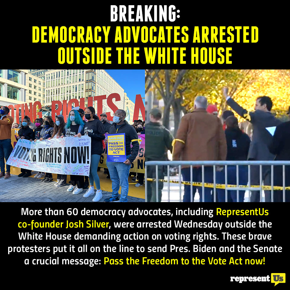 representus's tweet photo. BREAKING: More than 60 democracy advocates were just arrested outside the White House!

This coalition came together to demand Pres. Biden put pressure on the Senate are pass #votingrightsnow. It’s time to end the gridlock and get it done! 

https://t.co/EKEG7NM8ib https://t.co/8bK6gHBozY