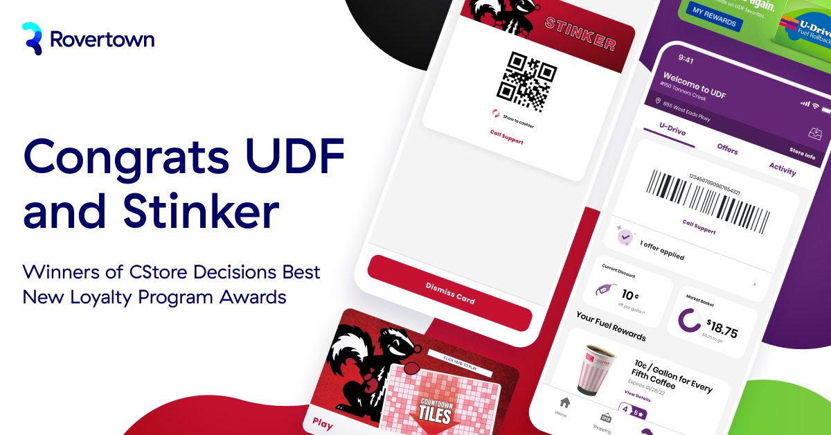 Congrats to <a href="/udf_official/">UDF</a> (UDF) and <a href="/StinkerStores/">Stinker</a> for winning <a href="/CStoreDecisions/">CStore Decisions</a> Best New Loyalty Program Awards! <a href="/Rovertown/">Rovertown</a> is proud to be the c-store app platform for both UDF &amp; Stinker -- connecting each app to top-tier loyalty programs powered by <a href="/paytronix/">Paytronix</a> &amp; <a href="/liquidbarcodes/">Liquid Barcodes</a>