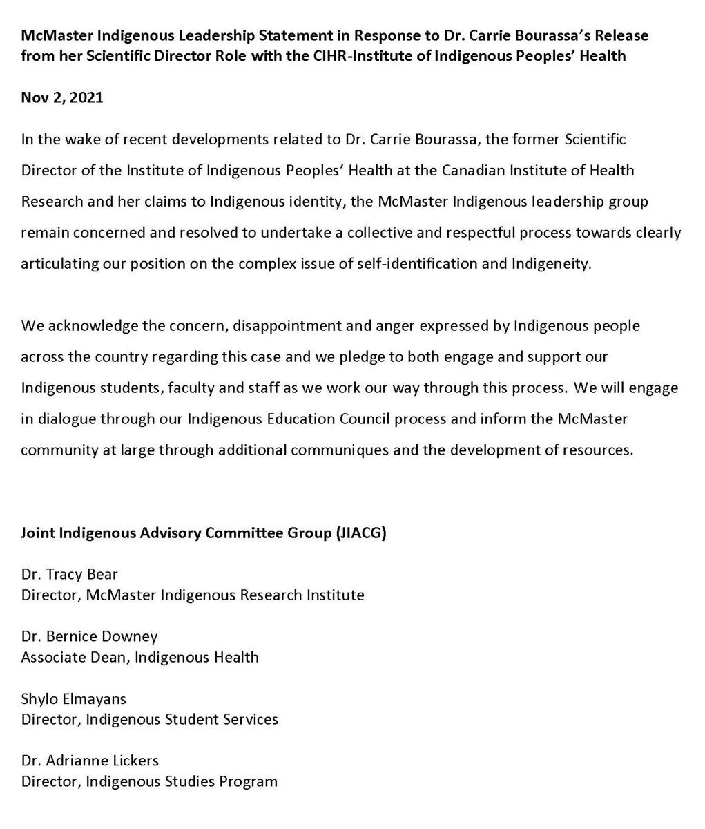 McMasterIHLL's tweet image. McMaster's JIACG has released a statement of response to Dr. Carrie Bourassa's release from her role as Scientific Director of the CIHR - Institute of Indigenous Peoples' Health