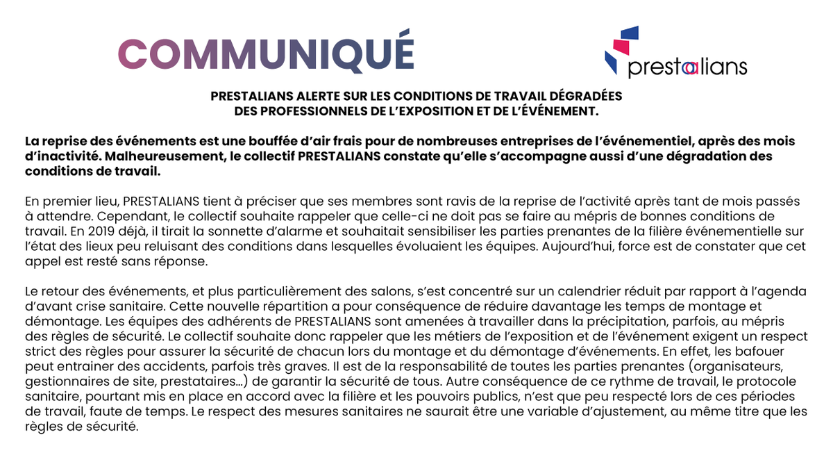 Prestalians_'s tweet photo. 🚨 PRESTALIANS alerte sur les conditions de travail dégradées des prestataires.
Respecter les règles de sécurité, les normes sanitaires et + largement garantir une QVT à nos équipes est indispensable pour que la filière reste 1 vivier de pros investis et passionnés.
#eventprofs https://t.co/mcL7n5N633