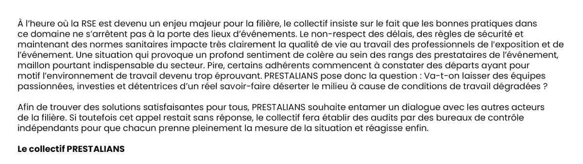 Prestalians_'s tweet photo. 🚨 PRESTALIANS alerte sur les conditions de travail dégradées des prestataires.
Respecter les règles de sécurité, les normes sanitaires et + largement garantir une QVT à nos équipes est indispensable pour que la filière reste 1 vivier de pros investis et passionnés.
#eventprofs https://t.co/mcL7n5N633