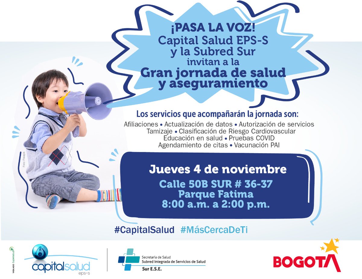 SubRedSur's tweet photo. #PasaLaVoz🗣️
 @Capitalsalud y la @SubredSur invitan a la Gran Jornada de Salud y Aseguramiento que se realizará mañana jueves #4DeNoviembre en la localidad de Tunjuelito.
✅Acude con toda tu familia y benefíciate de servicios gratuitos y de calidad. https://t.co/Baxvv6FDLs