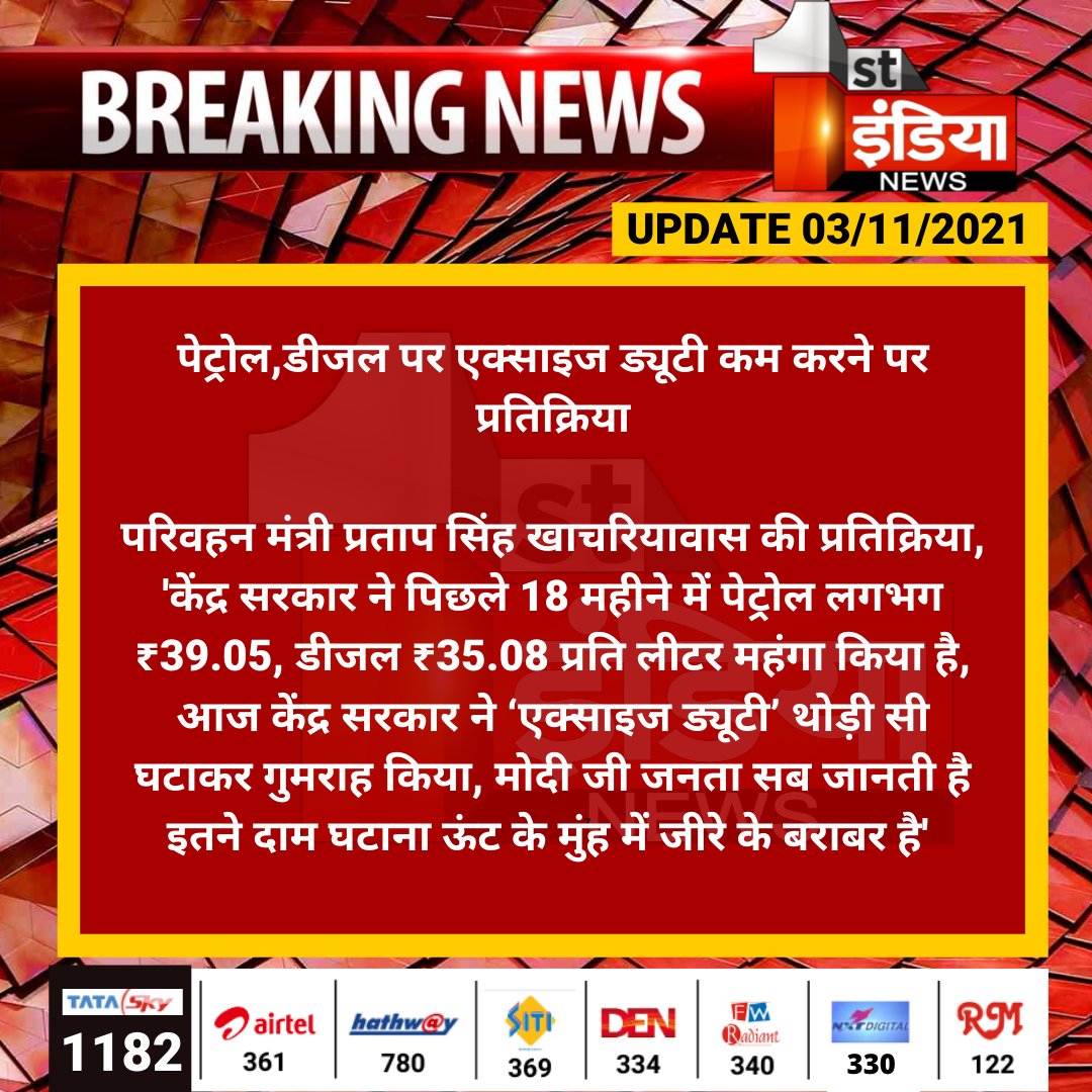 पेट्रोल,डीजल पर एक्साइज ड्यूटी कम करने पर प्रतिक्रिया

परिवहन मंत्री प्रताप सिंह खाचरियावास की प्रतिक्रिया, 'केंद्र सरकार ने पिछले 18 महीने में पेट्रोल लगभग ₹39.05, डीजल ₹35.08 प्रति लीटर महंगा किया है...
#Petrol #Diesel #PetrolDieselPrice <a href="/PSKhachariyawas/">Pratap Khachariyawas</a> <a href="/parmarshivendra/">Shivendra Singh Parmar</a>