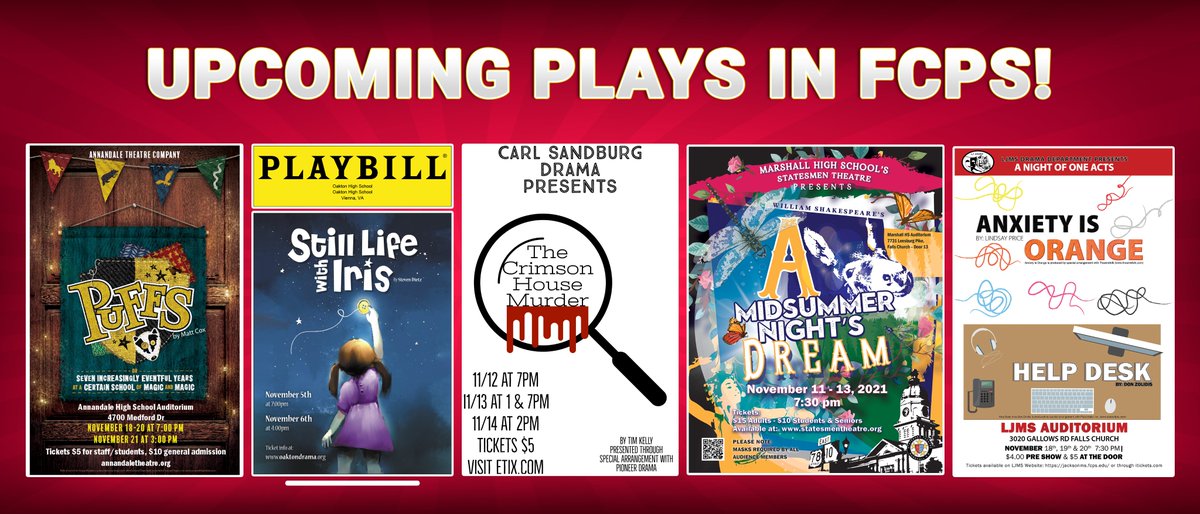 TMPC (@fcps_tmpc) on Twitter photo 🎭🎭****NEW SHOWS***🎭🎭
Check out these upcoming plays that are happening within FCPS - <a href="/AnnandaleAtoms/">Annandale High School</a>, <a href="/OaktonHS/">Oakton High School</a>, <a href="/MStatesmen/">Marshall High School</a>, <a href="/LJMS_FCPS/">Luther Jackson MS</a>, <a href="/CarlSandburgMS/">Carl Sandburg Middle School</a>!
Thank you for letting us help you print, produce, and or design your upcoming show. Good luck! 🎭🎭****NEW SHOWS***🎭🎭
Check out these upcoming plays that are happening within FCPS - <a href="/AnnandaleAtoms/">Annandale High School</a>, <a href="/OaktonHS/">Oakton High School</a>, <a href="/MStatesmen/">Marshall High School</a>, <a href="/LJMS_FCPS/">Luther Jackson MS</a>, <a href="/CarlSandburgMS/">Carl Sandburg Middle School</a>!
Thank you for letting us help you print, produce, and or design your upcoming show. Good luck!