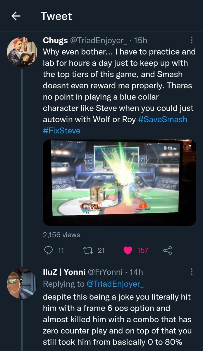 curiosityman2's tweet photo. Why even bother... I have to practice and lab for hours a day just to keep up with the top tiers of this game, and Smash doesnt even reward me properly. Theres no point in playing a blue collar character like Steve when you could just autowin with Wolf or Roy #SaveSmash #FixSteve https://t.co/mtNyoG1qc6